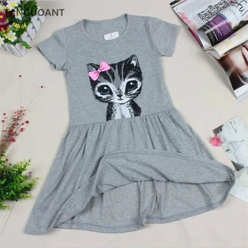 TANGUOANT summer girl dress cat print grey baby girl