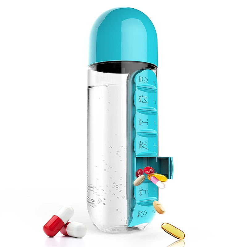 Portable Plastic Water Bottle with Built-in Daily Pill or Vitamin Box Organizer 600ML SH156
Portable Plastic Water Bottle with Built-in Daily Pill or Vitamin Box Organizer 600ML SH156