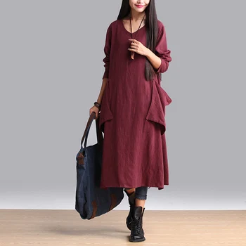 Women Vintage National wind Autumn linen cotton Dresses Plus Size Pocket Long-sleeve Linen cutton Loose Casual wine red Dress
Women Vintage National wind Autumn linen cotton Dresses Plus Size Pocket Long-sleeve Linen cutton Loose Casual wine red Dress