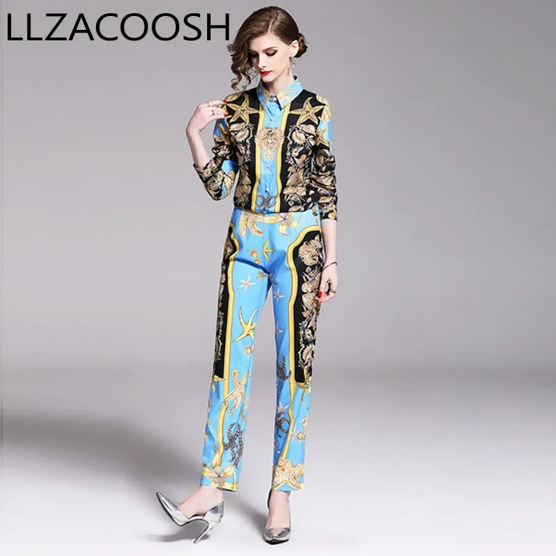 Runway Designer Suit Set 2019 Fall Women Long Sleeve Conch Seashell Print Blue Vintage Blouse Shirt+Full Length Trouser Pant Set
Runway Designer Suit Set 2019 Fall Women Long Sleeve Conch Seashell Print Blue Vintage Blouse Shirt+Full Length Trouser Pant Set