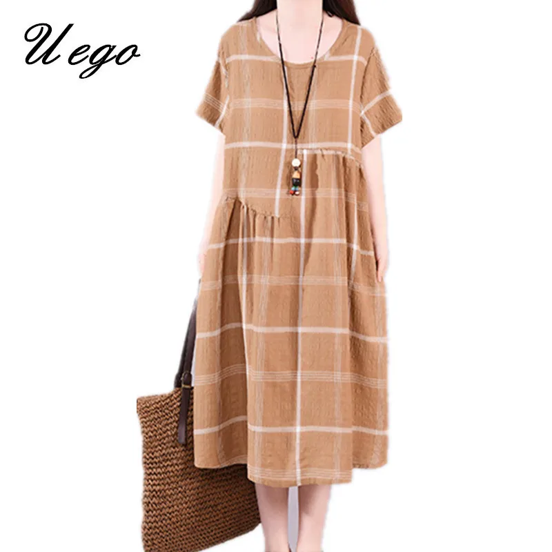Uego Fashion Print Plaid Preppy Style Dress Cotton Linen Short Sleeve Loose Summer Dress Plus Size Women Casual Party Dress
Uego Fashion Print Plaid Preppy Style Dress Cotton Linen Short Sleeve Loose Summer Dress Plus Size Women Casual Party Dress