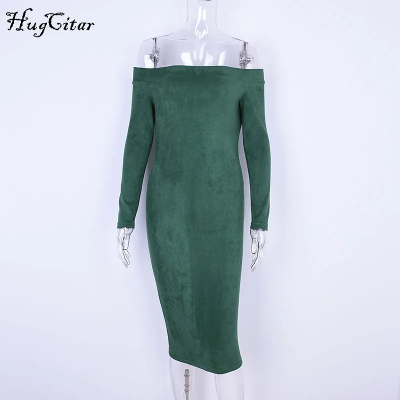 Hugcitar Suede Long Sleeve off shoulder Women mid-calf Dress 2017 Autumn Winter Female sexy Bodycon new year party Dresses 16