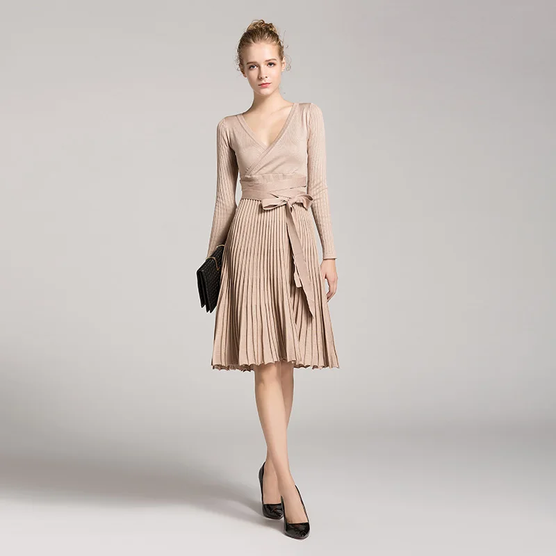 High Quality V Neck Casual Pleated Knitted Womens Dresses New Arrival 2018 Long Sleeve Autumn Winter Dress Women Elegant Dress
High Quality V Neck Casual Pleated Knitted Womens Dresses New Arrival 2018 Long Sleeve Autumn Winter Dress Women Elegant Dress