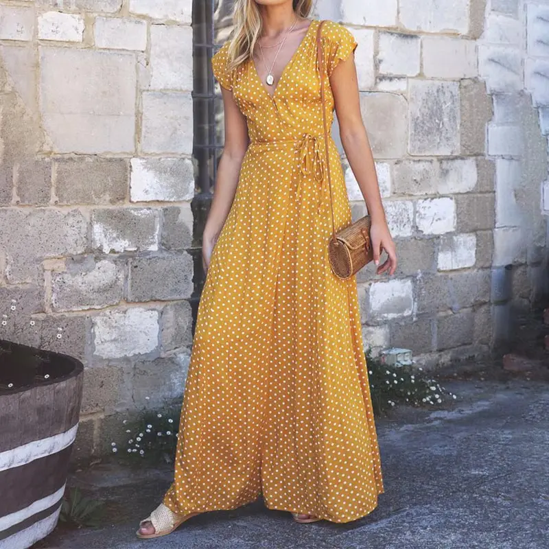 Deep V-neck Lace up High Waist Long Women's Maxi Dresses Dot Print Short Sleeves Elegant Dresses 2019 Summer Female Clothing
Deep V-neck Lace up High Waist Long Women's Maxi Dresses Dot Print Short Sleeves Elegant Dresses 2019 Summer Female Clothing