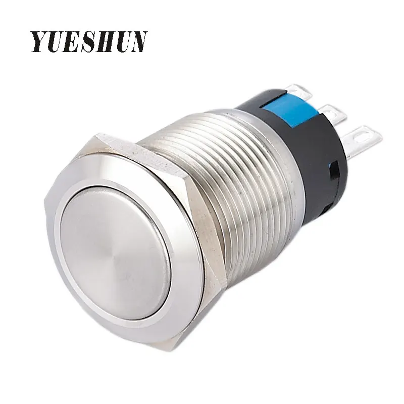 

YUESHUN 19mm Switches Metal Push Button 3A/250VAC Power Switch Electric Equipment Button Pin Terminal Flat Round Pressure Switch