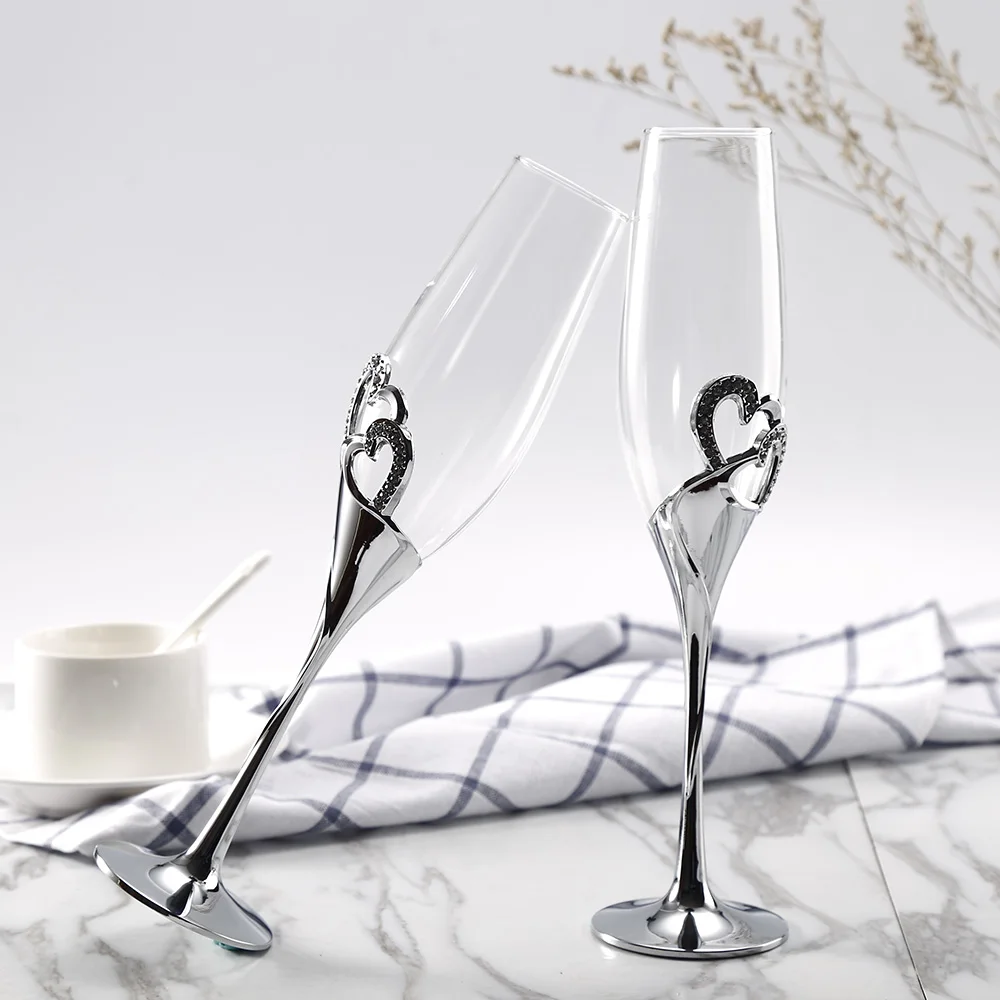 Image 2pcs Set 200ML Wedding Champagne Crystal Silver Toasting Flutes Long Wine Glasses Cup Elegant for Party Decorations 2017 Newest