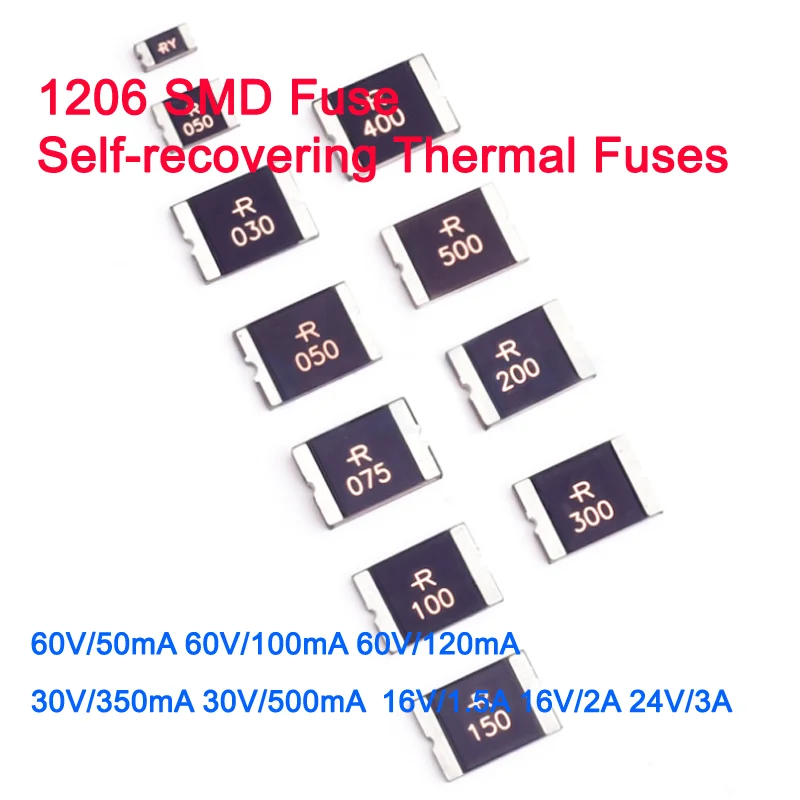 20pcs 1206 SMD Fuse Self-recovering Thermal Fuses 60V/50mA 60V/100mA 60V/120mA 30V/350mA 30V/500mA 16V/1.5A 16V/2A 24V/3A
20pcs 1206 SMD Fuse Self-recovering Thermal Fuses 60V/50mA 60V/100mA 60V/120mA 30V/350mA 30V/500mA 16V/1.5A 16V/2A 24V/3A