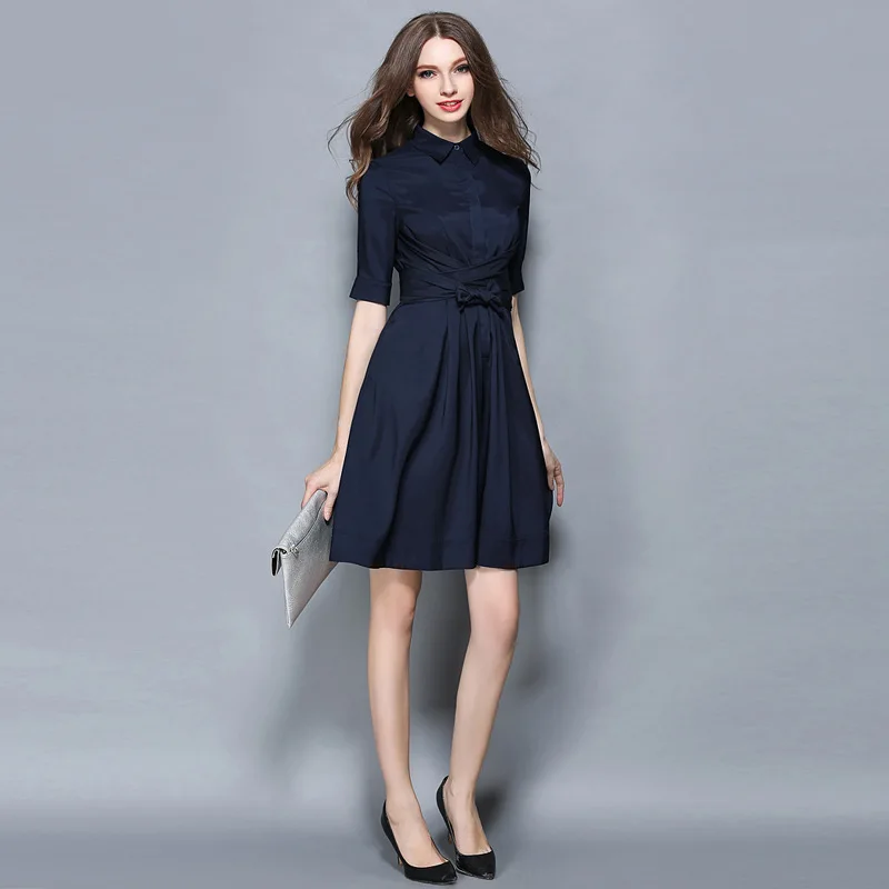 Navy Blue Slim Tunic Bow Shirt Dress Women Elegant Vintage Office Party Fashion Dress Turn-down Collar 1/2 Sleeve Clothes Sashes
Navy Blue Slim Tunic Bow Shirt Dress Women Elegant Vintage Office Party Fashion Dress Turn-down Collar 1/2 Sleeve Clothes Sashes