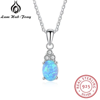 

925 Sterling Silver Pendant Necklaces Created Oval Blue Opal Necklace Cubic Zirconia Fine Jewelry Gift for Women (Lam Hub Fong )