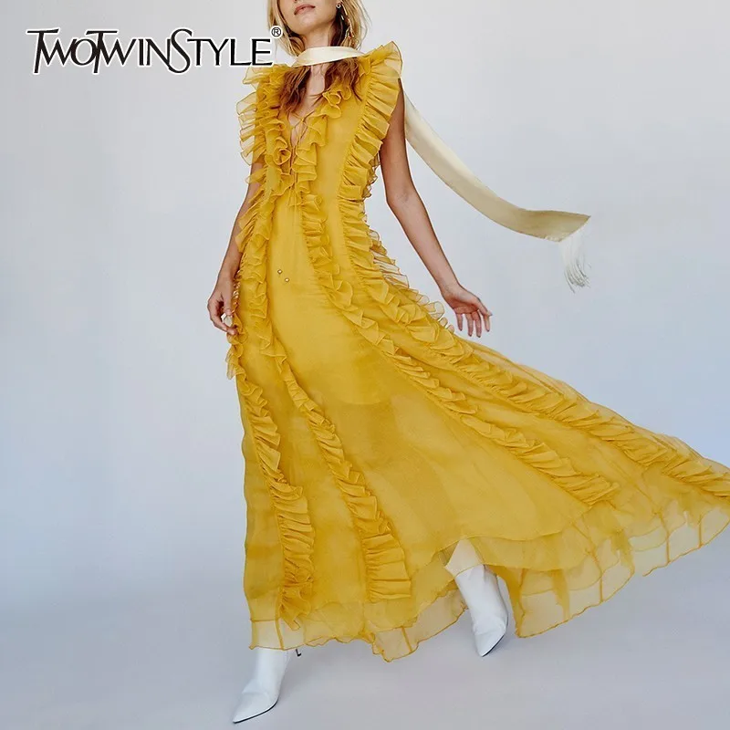 TWOTWINSTYLE Elegant Sleeveless Women Dress V Neck Off Shoulder High Waist Ruffles Hollow Out Bandage Dresses Female Summer 2019
TWOTWINSTYLE Elegant Sleeveless Women Dress V Neck Off Shoulder High Waist Ruffles Hollow Out Bandage Dresses Female Summer 2019