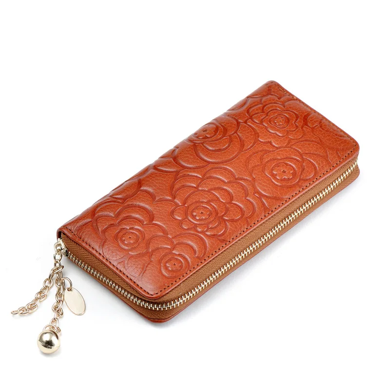 Leather WOMEN'S wallet long zipper factory wholesale European and American-style cowhide women's wallet leather wallet rose 002