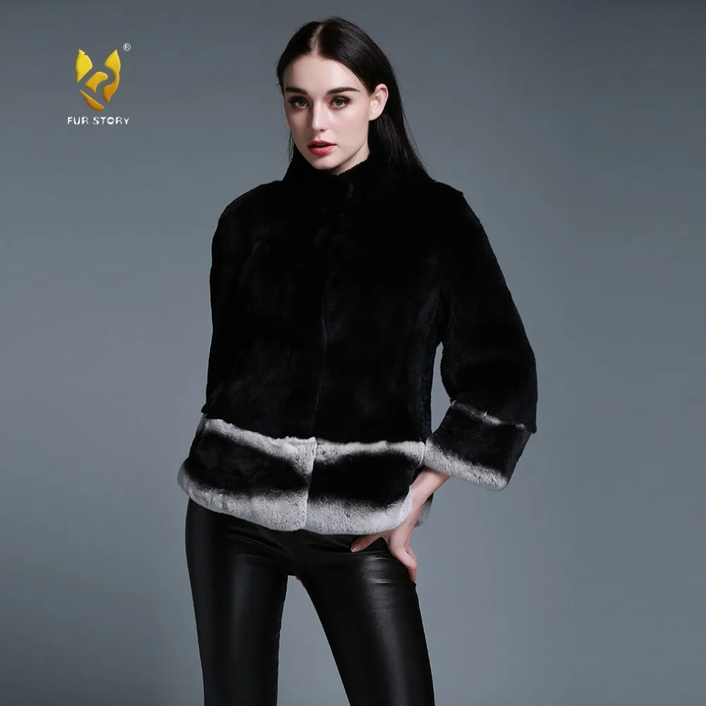 Fur Story 151264D Women Real Rex Rabbit Fur Coat with Chinchilla Color Cuff and Hem Plus Size Black Jacket
Fur Story 151264D Women Real Rex Rabbit Fur Coat with Chinchilla Color Cuff and Hem Plus Size Black Jacket