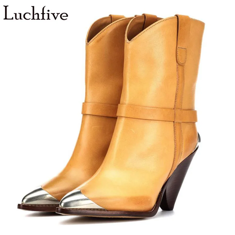 

Fringe western Women Boots orginal leather tassel metal rivets studded Cowboy Botas runway spiked Wedges heel Mid-calf Boots