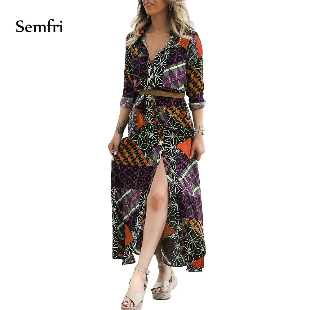 Semfri Sexy Loose dress Maxi Dress Party Boho Print Belted Shirt Vestidos De Fiesta Noche | Женская одежда
