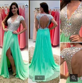Sexy Side Split chiffon evening Dress 2016 cap sleeve V Neck Green Long Beaded Evening Gowns long evening dresses Hot Sale
Sexy Side Split chiffon evening Dress 2016 cap sleeve V Neck Green Long Beaded Evening Gowns long evening dresses Hot Sale