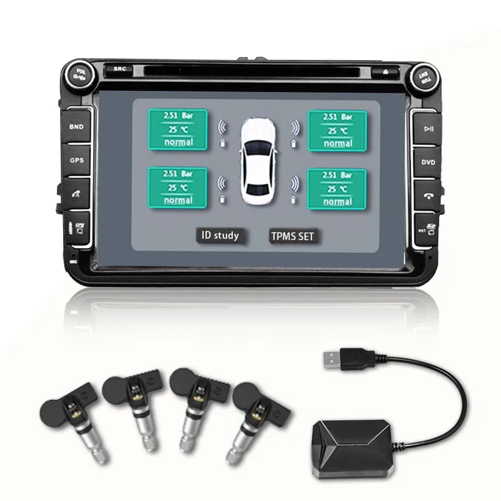 

433.92MHz Tire Pressure Monitoring System USB TPMS Tire Pressure Alarm with 4 Internal Sensors for Android DVD player