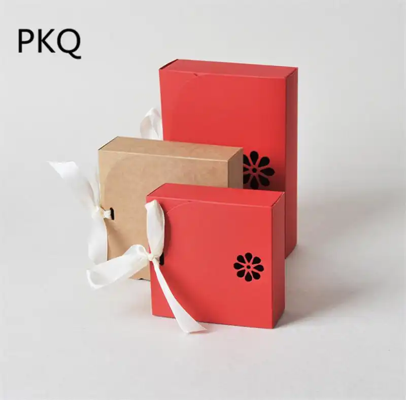 packaging paper box with ribbon red brown kraft paper gift box