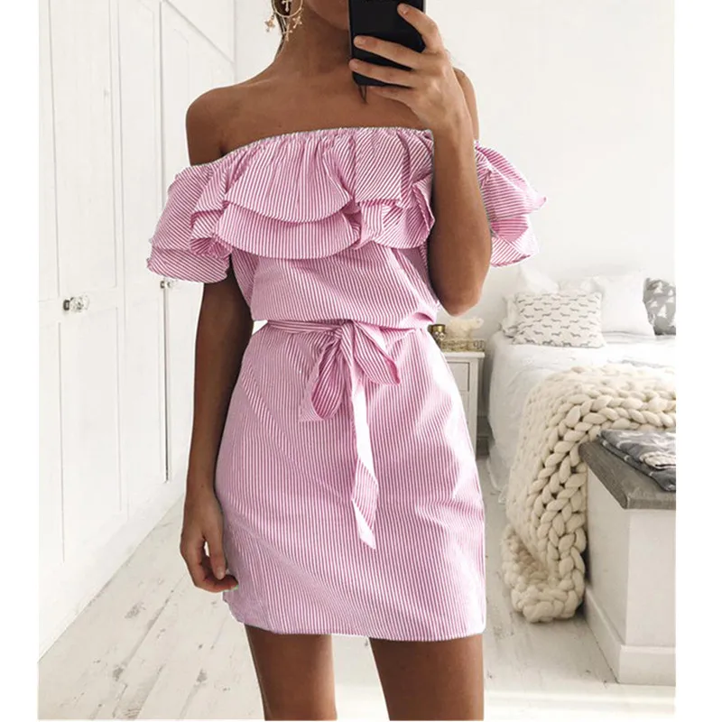 Oufisun Summer Women Mini Dress Sexy Slash Neck Ruffles Dresses Off The Shoulder Bodycon Bandage Striped Casual Sundress Vistido
Oufisun Summer Women Mini Dress Sexy Slash Neck Ruffles Dresses Off The Shoulder Bodycon Bandage Striped Casual Sundress Vistido