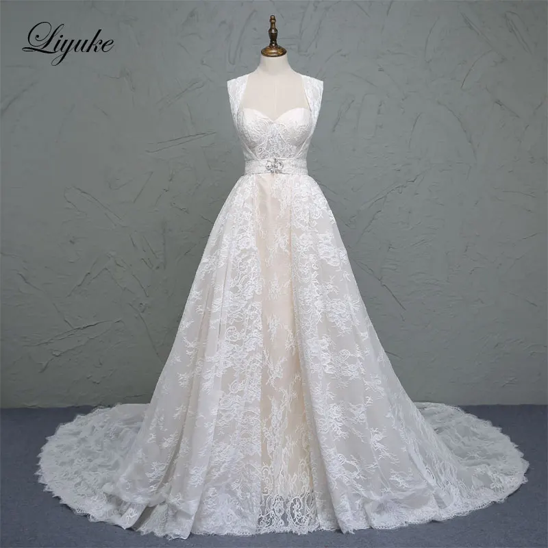 Luxurious Lace Sweetheart A-line Wedding Dress Sleeveless Marvelous Beaded Crystals Sashes Court Train 2 In 1 Bride Dresses
Luxurious Lace Sweetheart A-line Wedding Dress Sleeveless Marvelous Beaded Crystals Sashes Court Train 2 In 1 Bride Dresses