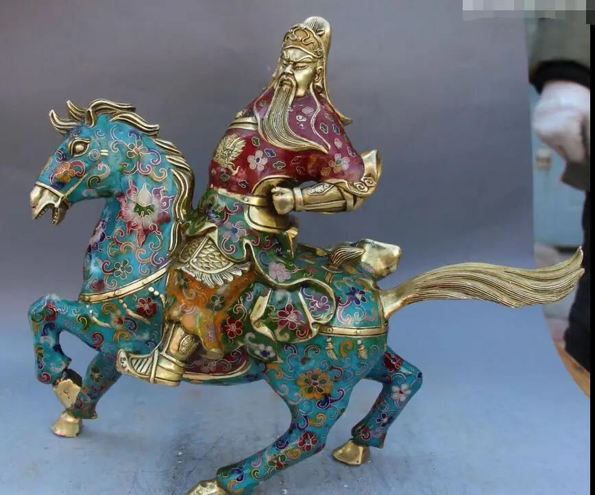 16 "Китайская перегородчатая эмалированная позолоченная лошадь Guan Gong Yu Warrior God