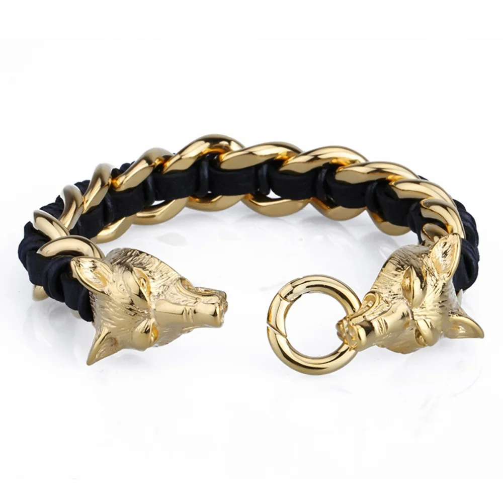 Gold Fine Jewelry Two Wolf Heads Stainless Steel Leather Men's Bracelet Male Black Genuine Leather Weaved Animal Wolf Bracelet
Gold Fine Jewelry Two Wolf Heads Stainless Steel Leather Men's Bracelet Male Black Genuine Leather Weaved Animal Wolf Bracelet