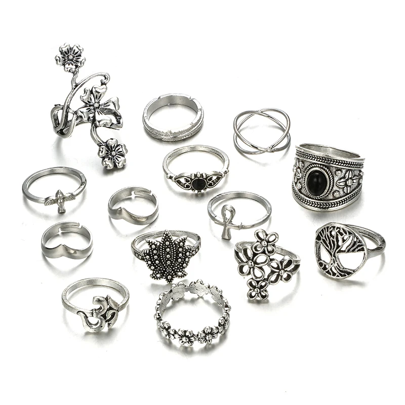 14pcs Vintage Carved Flower Knuckle Rings Set Bohemian Finger Ring Jewelry Accessories Gift | Украшения и аксессуары