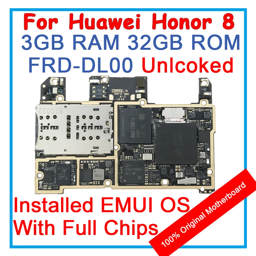 

3GB RAM 32GB ROM For HUAWEI Honor 8 FRD-DL00 Motherboard 100% Unlocked Original Mainboard EMUI Logic Board With Full Chips
