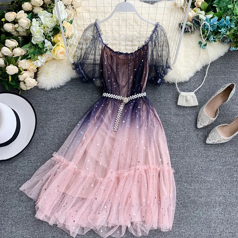 Runway Dress 2019 Mesh Starry Sky Gradient Sparkling Sequins Sundresses Women French Fluffy Fairy Boho Lace Dress Summer
Runway Dress 2019 Mesh Starry Sky Gradient Sparkling Sequins Sundresses Women French Fluffy Fairy Boho Lace Dress Summer