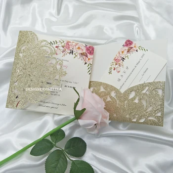 50pcs Laser Cut Glitter Paper Craft Chamapagne Trifold Pocket Wedding Party Invitation Cards with RSVP Card
50pcs Laser Cut Glitter Paper Craft Chamapagne Trifold Pocket Wedding Party Invitation Cards with RSVP Card