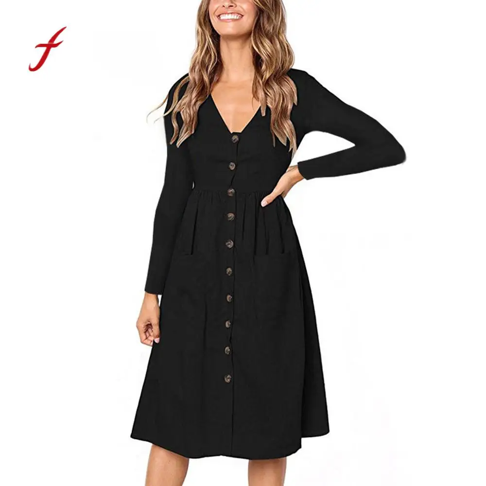 2018 feitong brand women clothing newest Vintage black Solid V Neck Button Dress Long Sleeve Pocket knee-length Maxi Dress
2018 feitong brand women clothing newest Vintage black Solid V Neck Button Dress Long Sleeve Pocket knee-length Maxi Dress