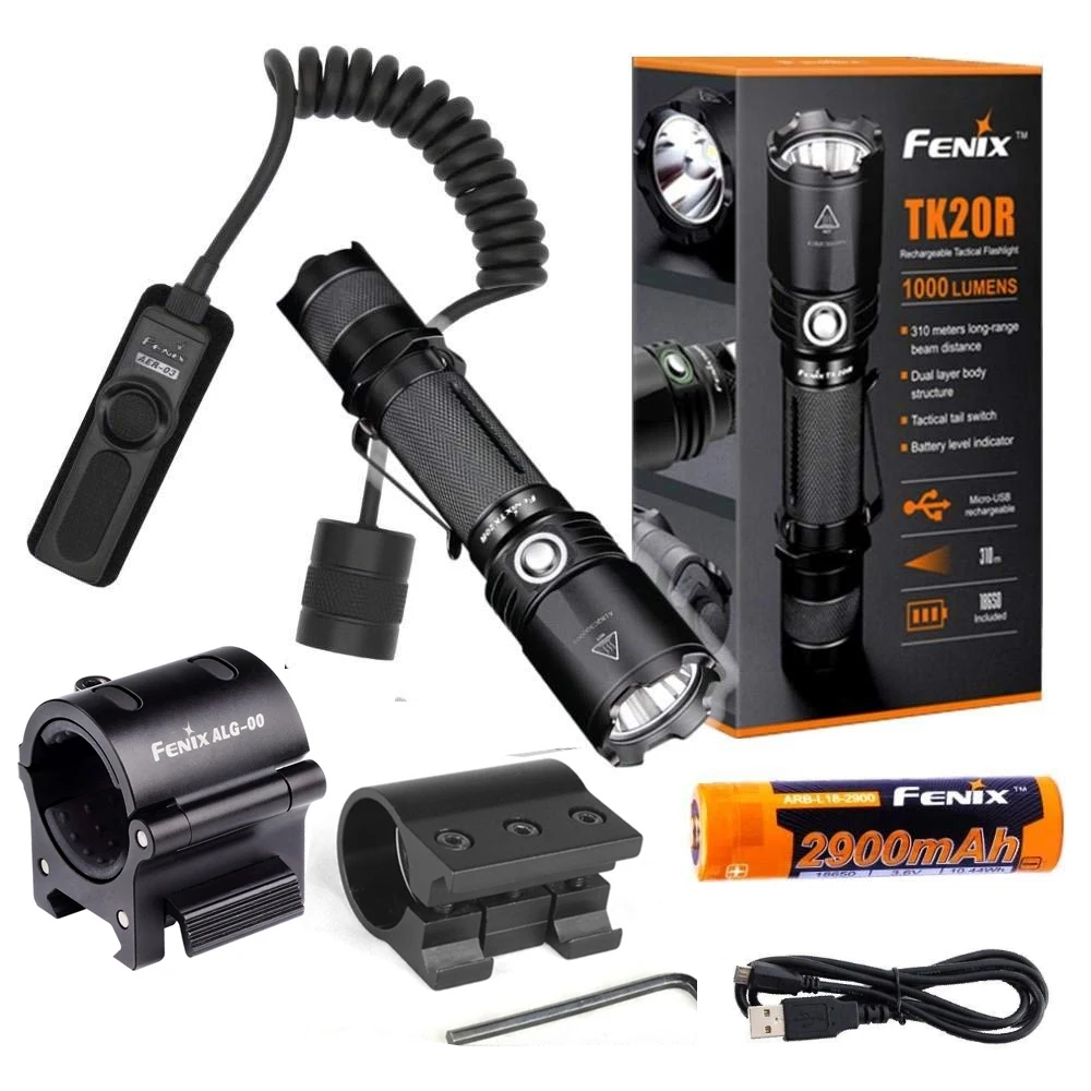 Fenix TK20R 1000 Lumens High Capacity USB Rechargeable LED Tactical Flashlight + Battery ALG 00 mount AER-03 switch ALG-01
Fenix TK20R 1000 Lumens High Capacity USB Rechargeable LED Tactical Flashlight + Battery ALG 00 mount AER-03 switch ALG-01