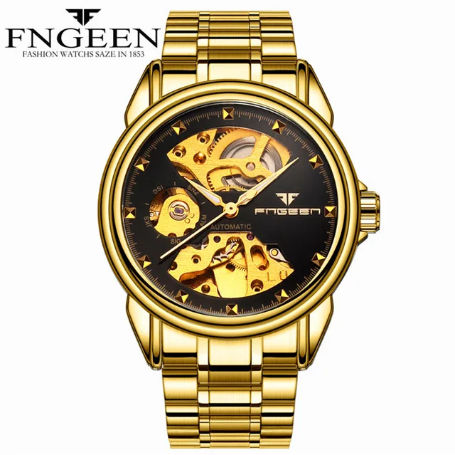 FNGEEN Luxury Golden Men Mechanical Watch Stainless Steel Skeleton Dial Special Design Watch Relogio Masculino