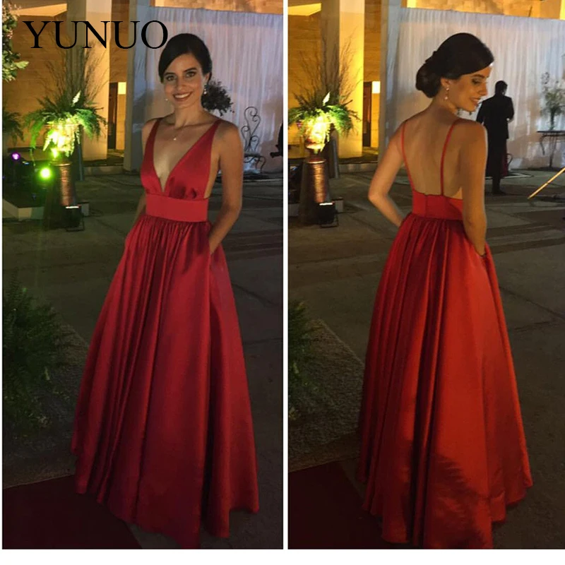 2019 Evening Dress Simple Sexy Red Deep V-Neck Prom Dress Fashion Backless Long Party Evening Gowns Vestido de noite (1)-