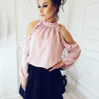2018 New Women Fashion Open Shoulder Blouse Summer Long sleeve Ruffle Burgundy Pink Green Shirt Casual Loose Blouse Tops image