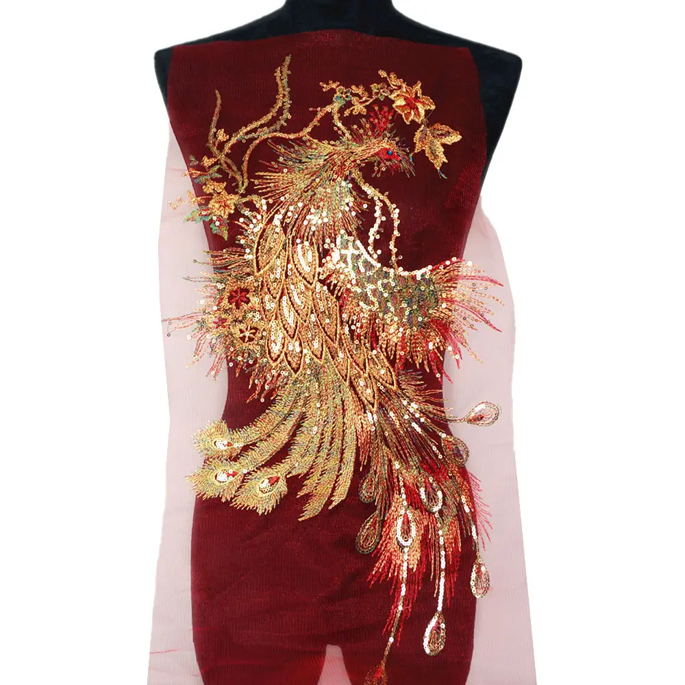 Gold Sequins Peacock Phoenix Red Mesh Embroidered Wedding Gown Appliques Lace Trims Sew On Patch For Dress DIY Decoration
Gold Sequins Peacock Phoenix Red Mesh Embroidered Wedding Gown Appliques Lace Trims Sew On Patch For Dress DIY Decoration