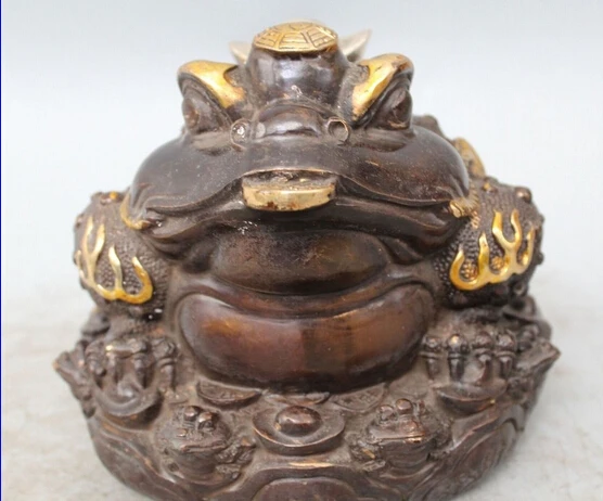 free 7" Chinese Bronze Gilt Toad Wealth Yuanbao Coin Statue fast