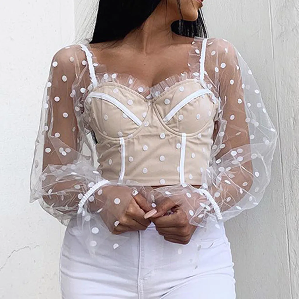 Women Fashion Sexy lace crop tops see-through Perspective Mesh Lace Flare long Sleeve Bandage Dot Cardigan Tops party T-shirts
Women Fashion Sexy lace crop tops see-through Perspective Mesh Lace Flare long Sleeve Bandage Dot Cardigan Tops party T-shirts
