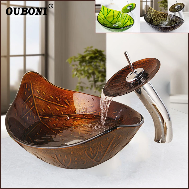 

OUBONI Green Brown Leaf Vessel Waterfall Basin Tempered Glass Sink Bathroom Washbasin Sink Solid Brass Polish Faucet Mixer Tap