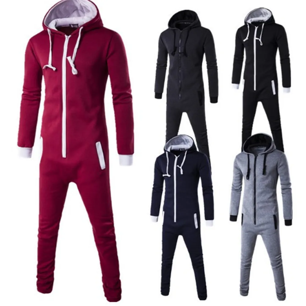 Mens Hooded Onesie Jumpsuit Sports Romper Overall Zip up Playsuit