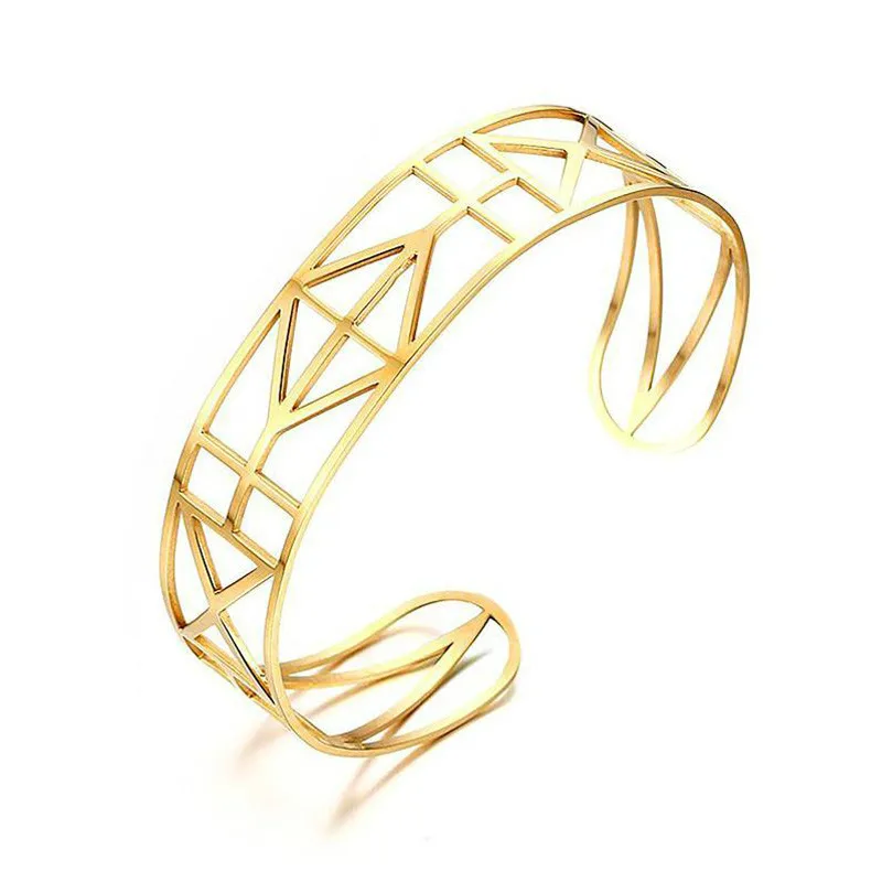 Фото Gold-color Geometric Hollow Bangle For Women Stainless Steel Open Bracelet Fashion Jewelry | Украшения и аксессуары