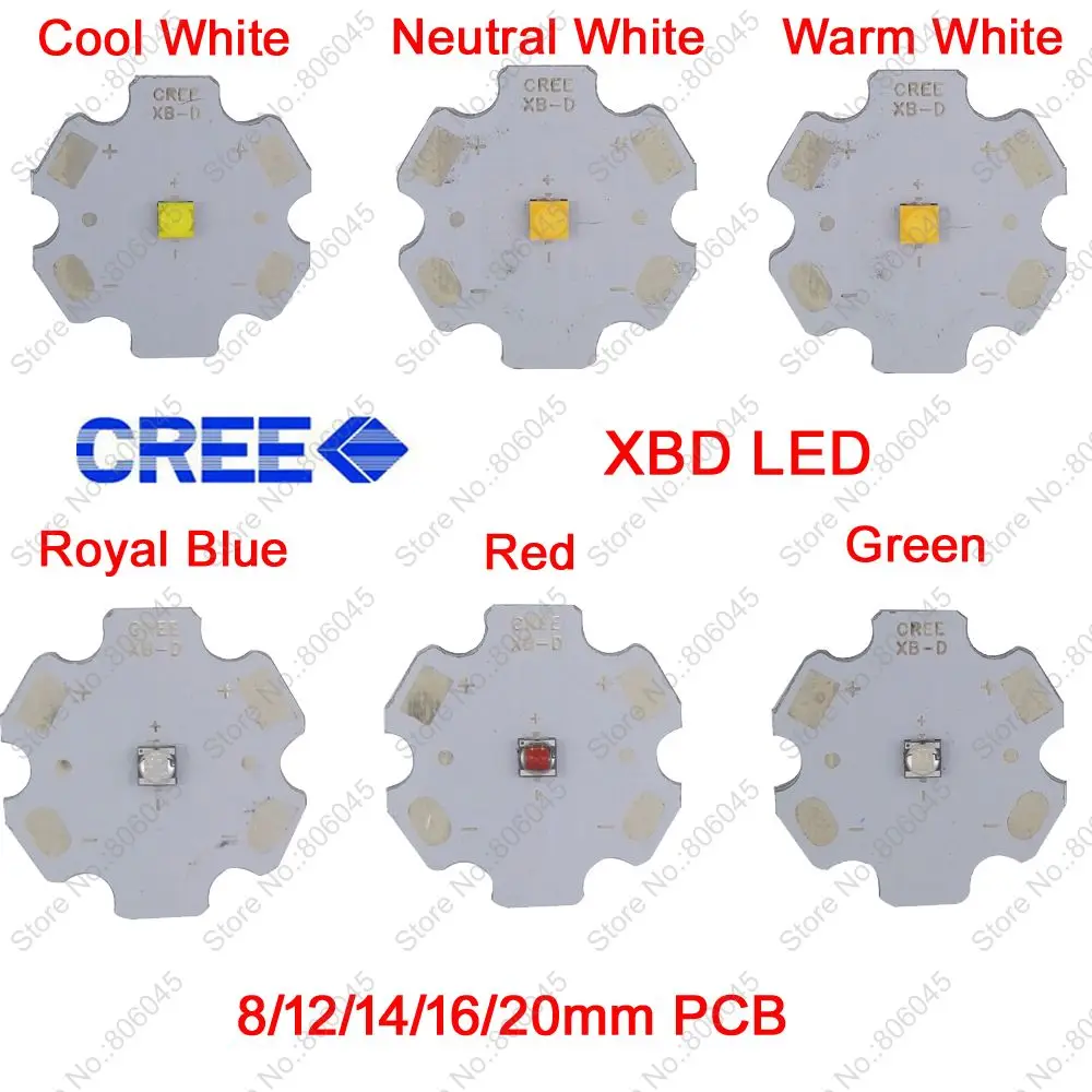 

10x 3W Cree Xlamp XBD XB-D High Power LED Emitter Cool Warm Neutral White Red Green Royal Blue Color on 8 12 14 16 20mm PCB