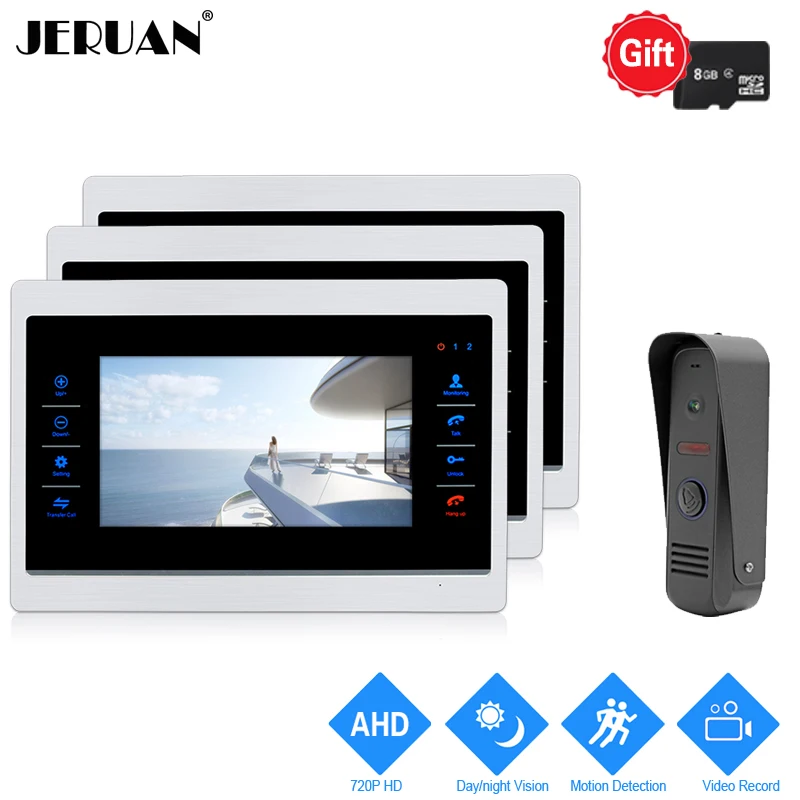 

JERUAN 1.0MP 720P Motion Detection 7 inch LCD Video Door Phone Intercom System 3 Record Monitor +AHD Waterproof Mini Camera-1V3