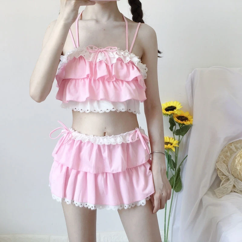 New Arrival Woman Lolita Bikini Cosplay Pink And Black Color Swimsuit Hollowed Multilayer Hem Biquini Women Swimsuit Free Delive New Arrival Woman Lolita Bikini Cosplay Pink And Black Color Swimsuit Hollowed Multilayer Hem Biquini Women Swimsuit Free Delive
