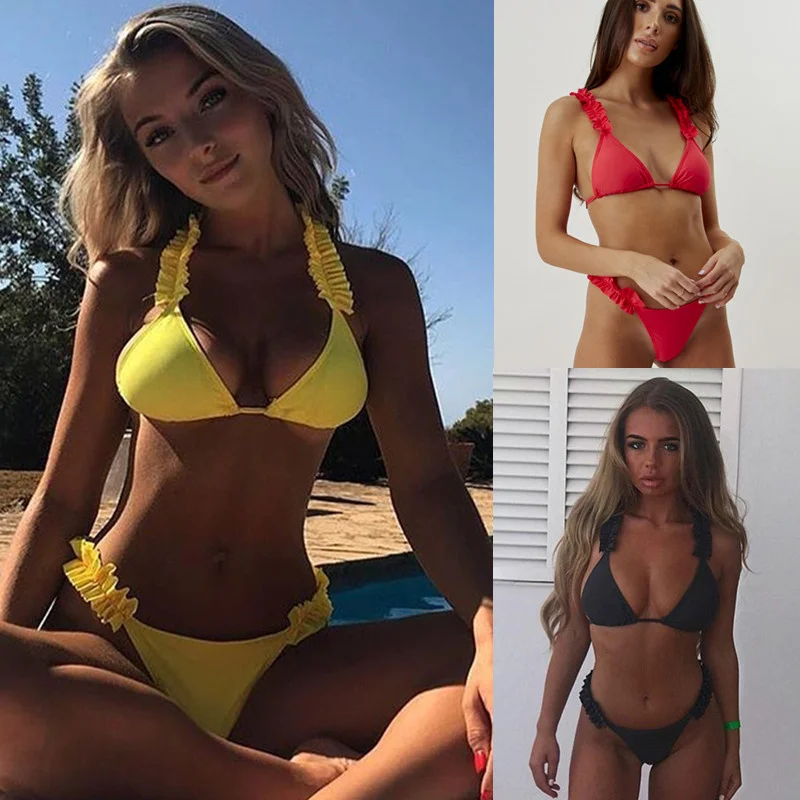 Solid Ruffled Sexy Swimsuit Triangle Bikini Solid color Brazilian Thong Bottom Bathing Suit Women Bathers Push up Swimwear
Solid Ruffled Sexy Swimsuit Triangle Bikini Solid color Brazilian Thong Bottom Bathing Suit Women Bathers Push up Swimwear