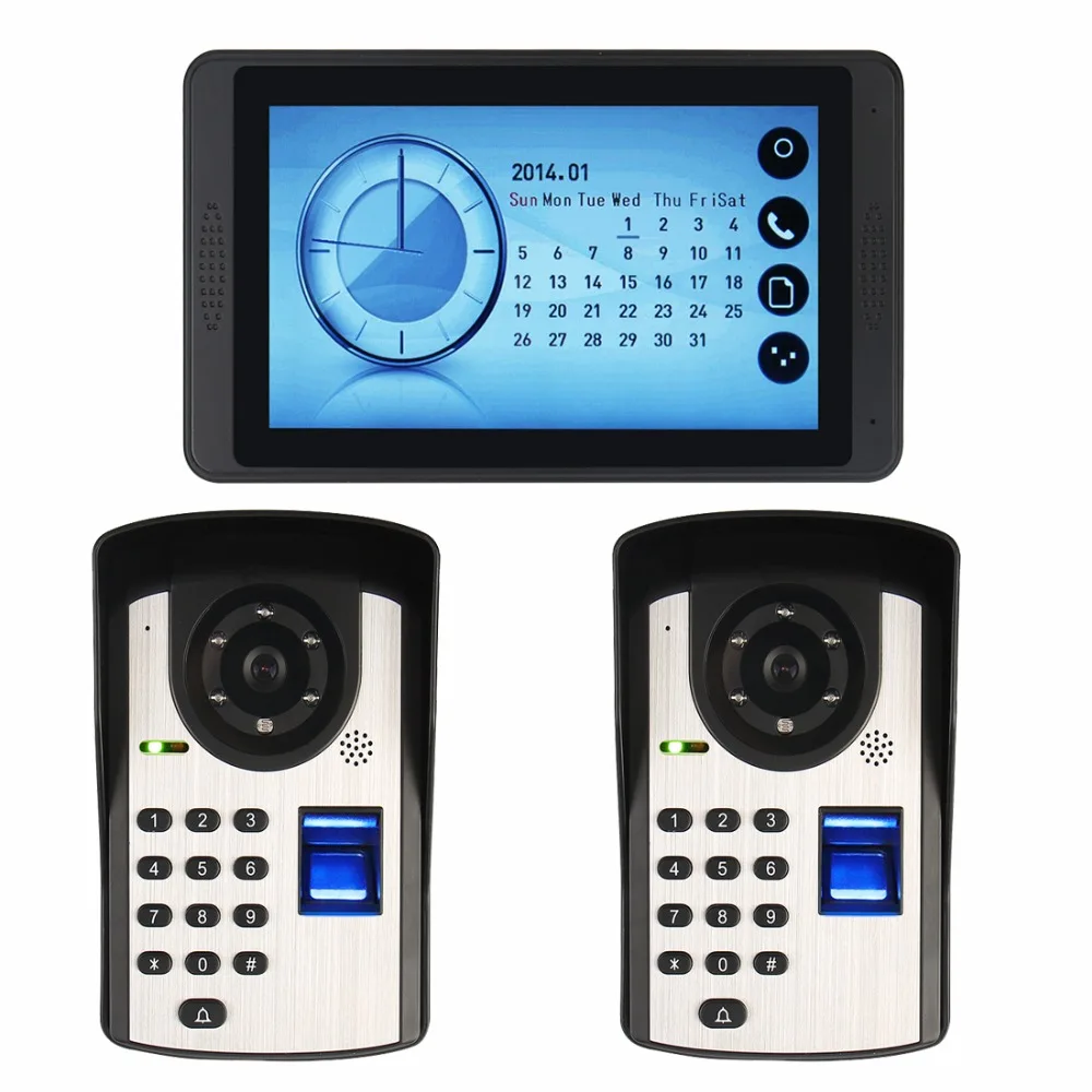 2pcs video door phone cameras with 1pcs 7inch touch screen home security safe system finger print access control | Безопасность и