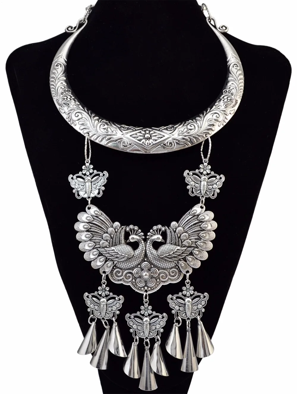 

Gypsy Exaggerated Ethnic Boho Silver Peacock Dragon Necklaces Women Long Tassel Necklace Thailand Tribal Festival Party Gift