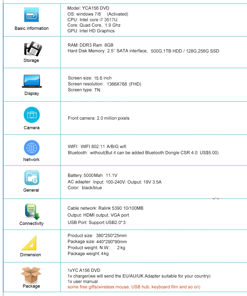 specification YCA156 DVD I7