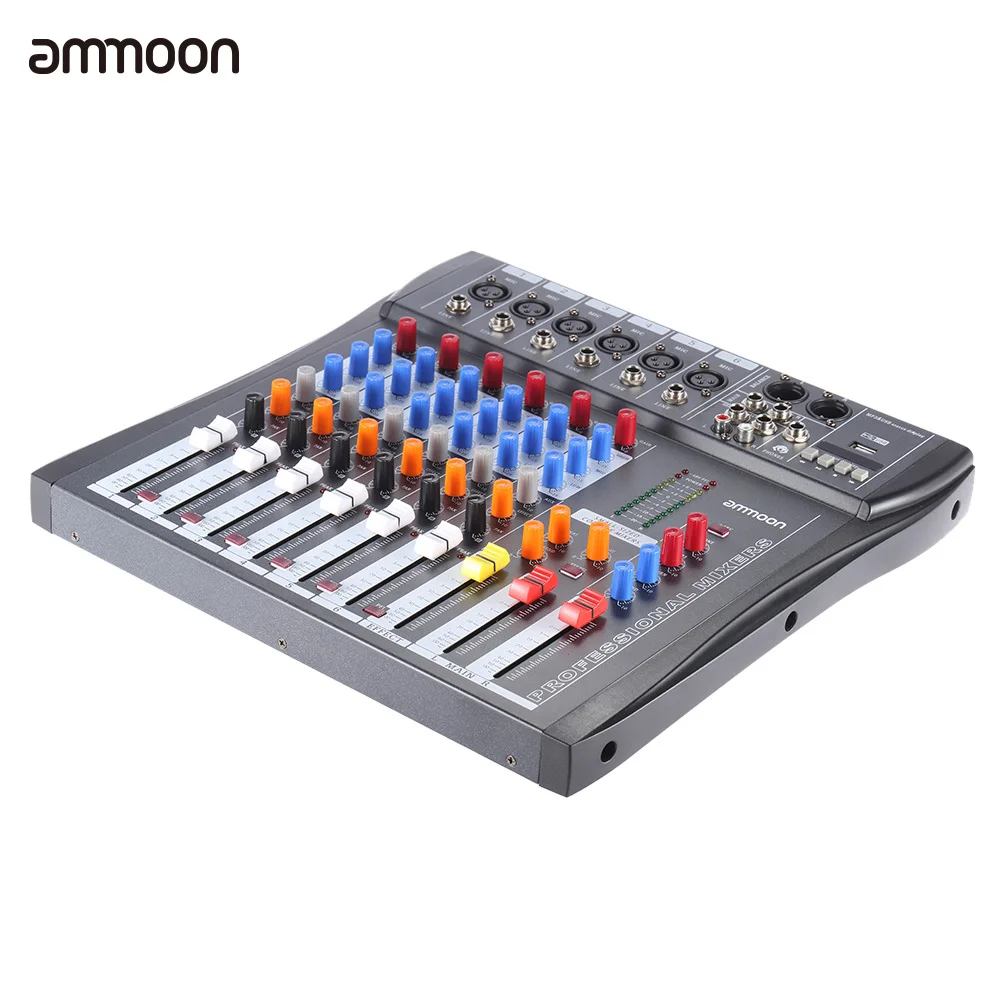 

ammoon 60S-USB 6 Channels Mixing Console Mic Audio Mixer Console 3-band EQ USB XLR Input 48V Phantom Power with Power Adapter