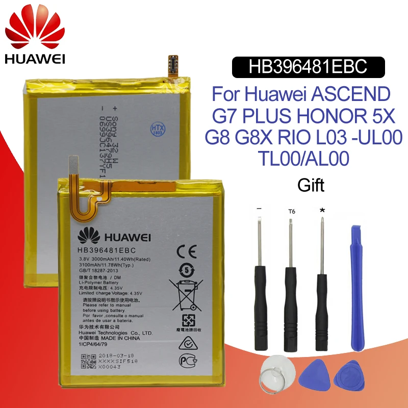 Hua Wei Original Replacement Phone Battery HB396481EBC For Huawei Ascend G7 Plus Honor 5X G8 G8X Rio L03 -UL00 TL00 AL00 3000mAh
Hua Wei Original Replacement Phone Battery HB396481EBC For Huawei Ascend G7 Plus Honor 5X G8 G8X Rio L03 -UL00 TL00 AL00 3000mAh