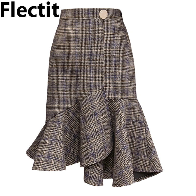 Flectit Fall Winter Wool Blend Glen Plaid Skirt with Ruffled Hem Gold Button Elastic Waist Asymmetrical Midi Skirt
Flectit Fall Winter Wool Blend Glen Plaid Skirt with Ruffled Hem Gold Button Elastic Waist Asymmetrical Midi Skirt